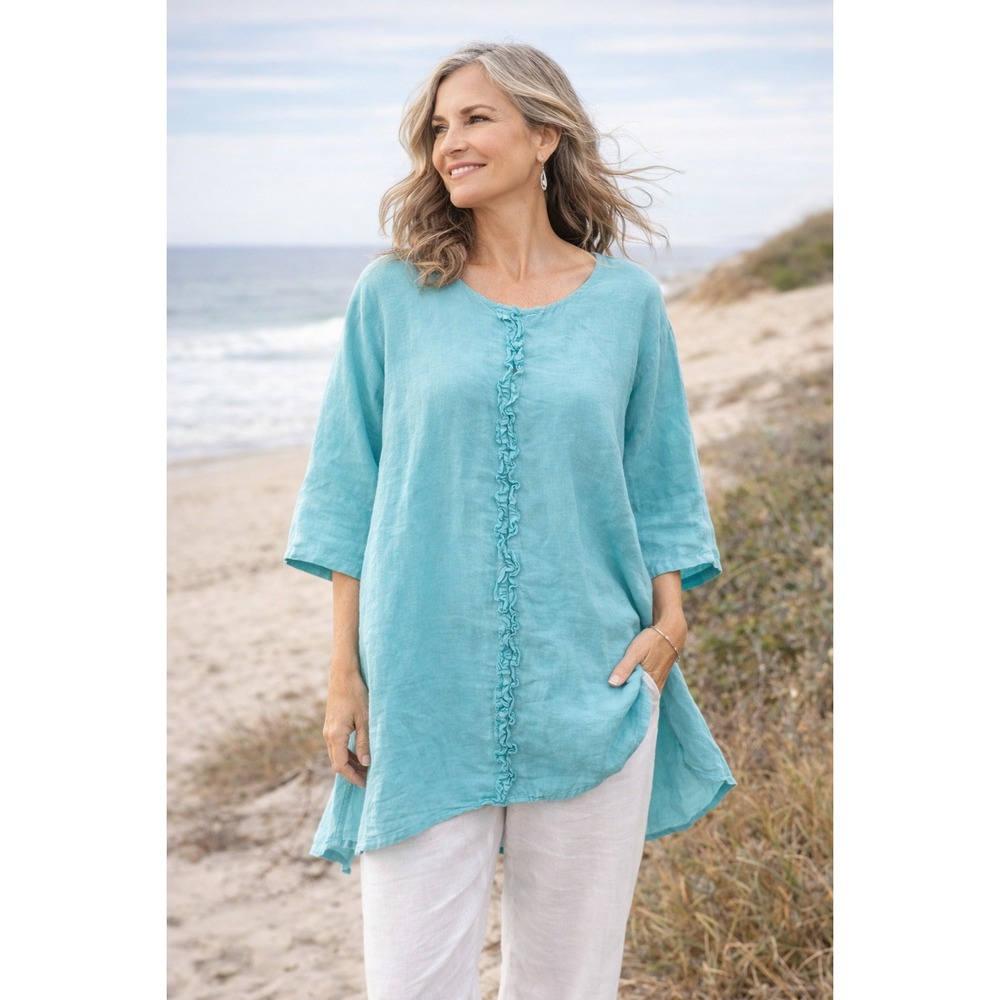 Bryn Walker Linen Tunic Top Womens L Aqua‎ Lagenlook Oversized Coastal
